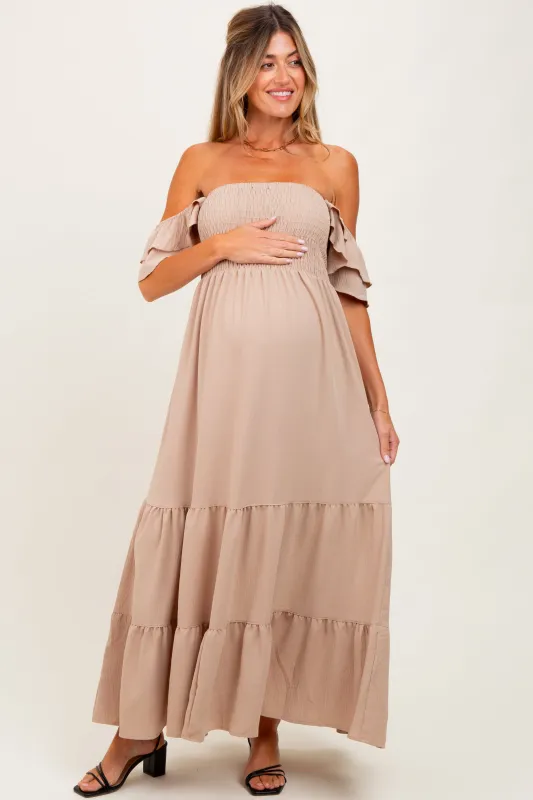 Beige Smocked Ruffle Off Shoulder Tiered Maternity Maxi Dress sold by Pinkblush