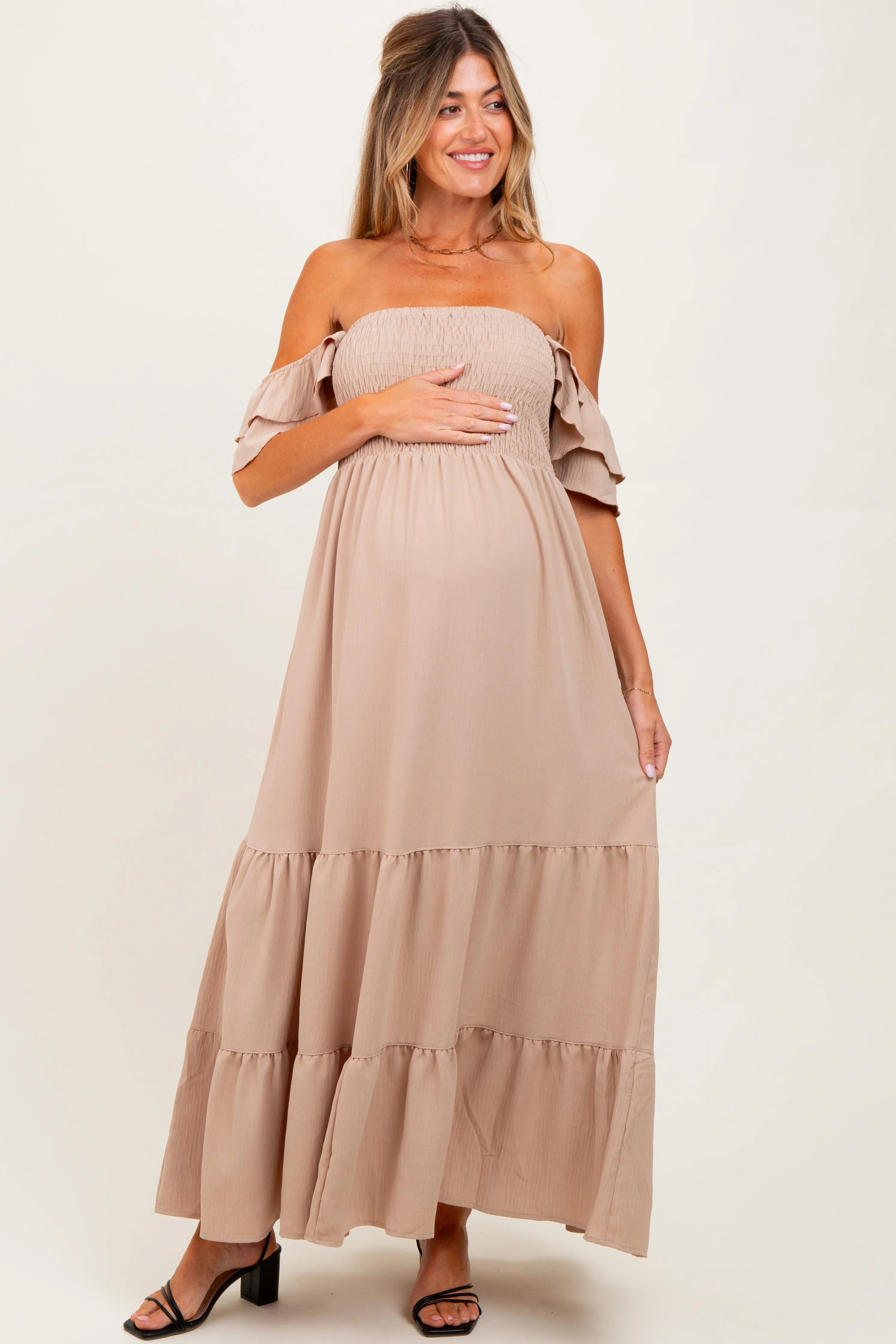Beige Smocked Ruffle Off Shoulder Tiered Maternity Maxi Dress sold by Pinkblush