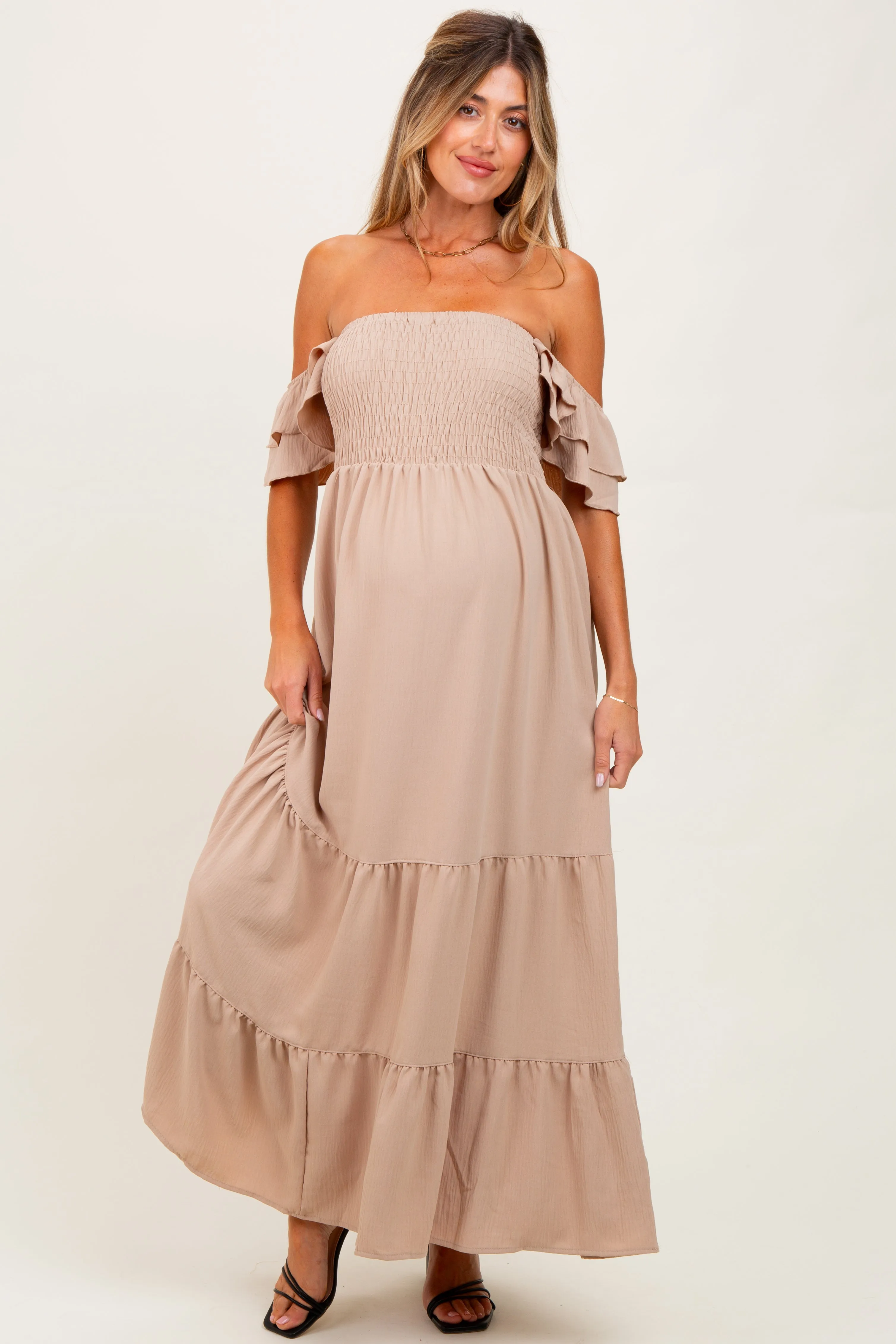 Beige Smocked Ruffle Off Shoulder Tiered Maternity Maxi Dress sold by Pinkblush product image thumbnail 2
