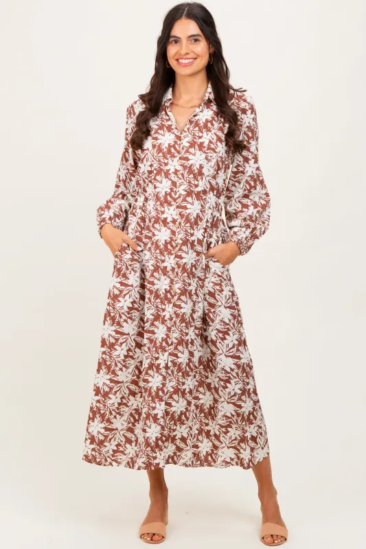 Camel Floral Button Down Long Sleeve Midi Dress sold by Pinkblush