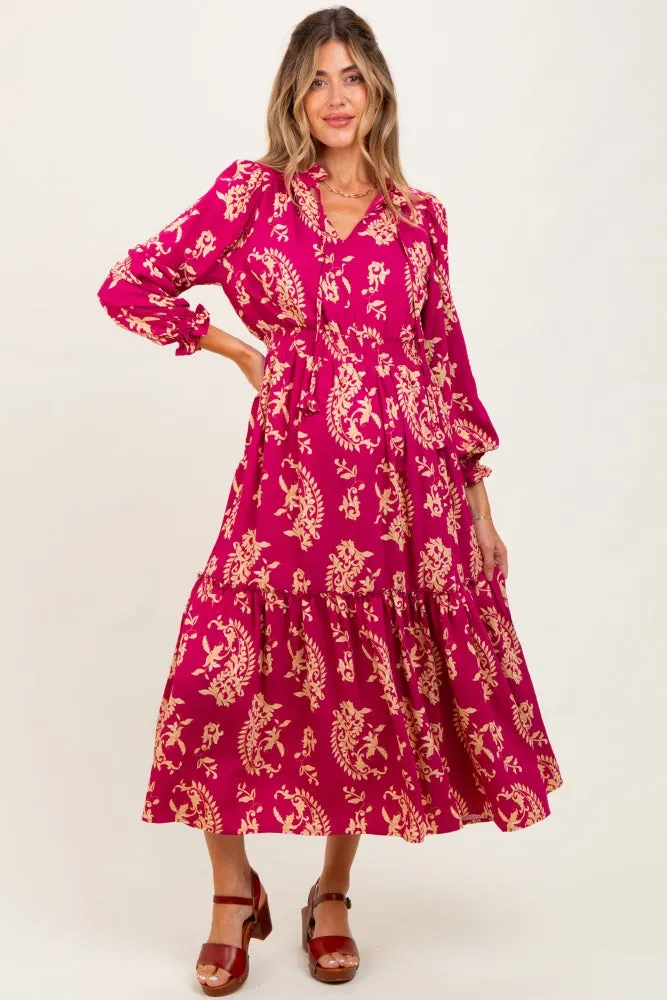 Magenta Damask Front Tie Smocked Waist Maternity Midi Dress sold by Pinkblush product image thumbnail 2