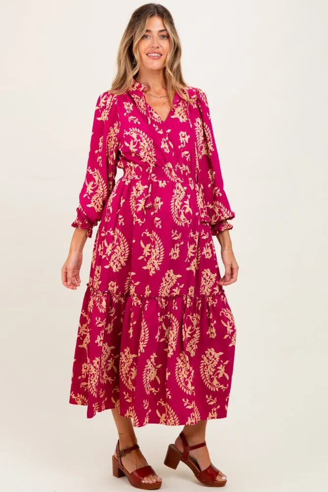 Magenta Damask Front Tie Smocked Waist Maternity Midi Dress sold by Pinkblush product image thumbnail 3