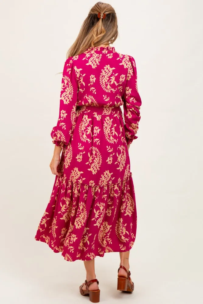 Magenta Damask Front Tie Smocked Waist Maternity Midi Dress sold by Pinkblush product image thumbnail 4