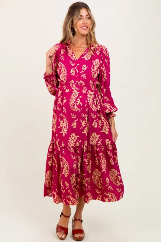 Magenta Damask Front Tie Smocked Waist Maternity Midi Dress sold by Pinkblush