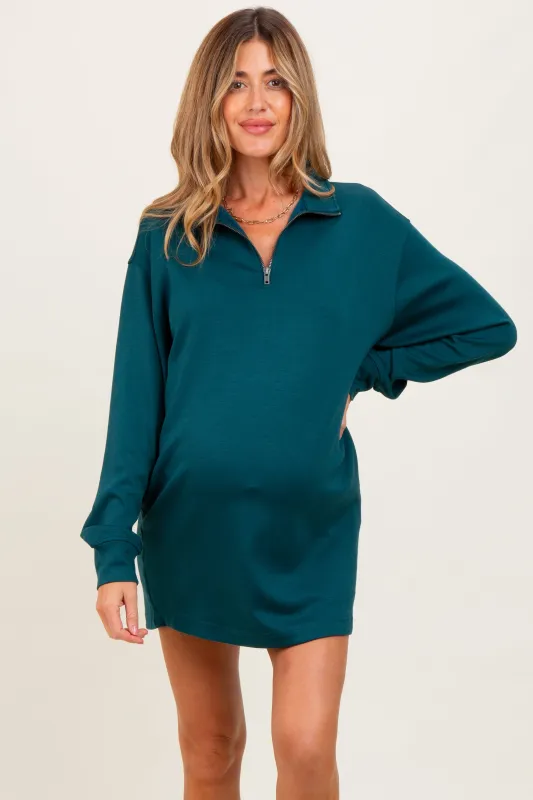 Forest Green Half Zip Long Sleeve Maternity Mini Dress sold by Pinkblush