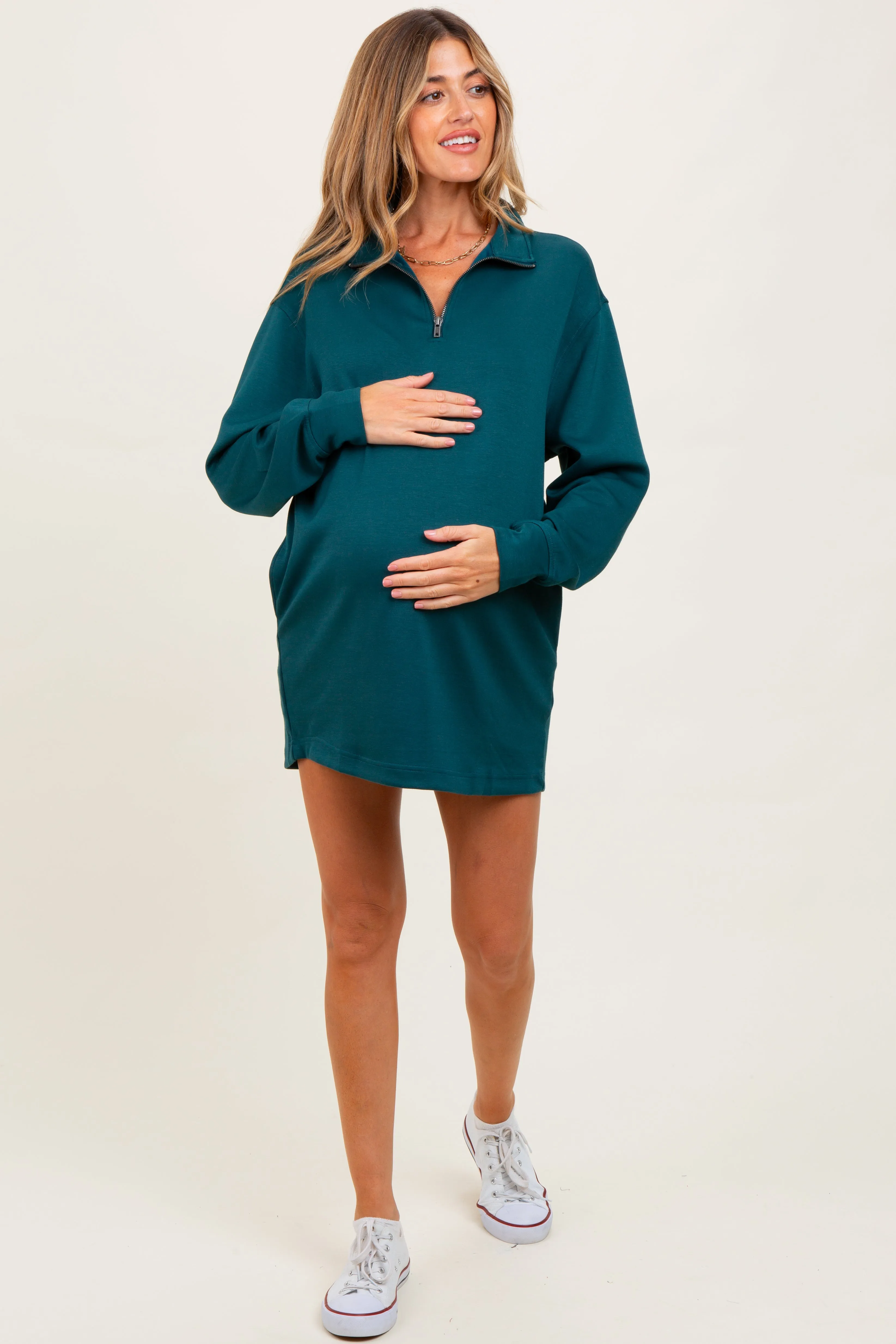 Forest Green Half Zip Long Sleeve Maternity Mini Dress sold by Pinkblush product image thumbnail 2