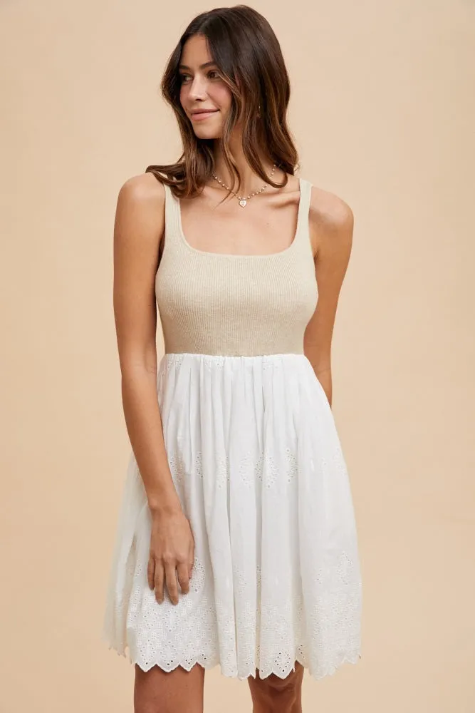 Beige Knit Contrast Eyelet Lace Skirt Mini Dress sold by Pinkblush