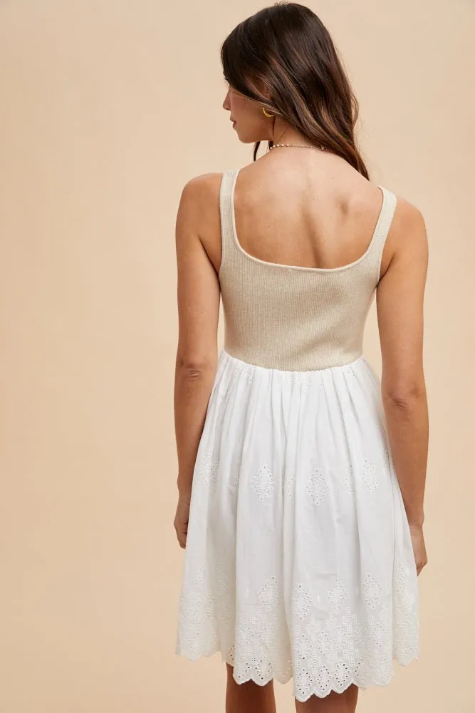 Beige Knit Contrast Eyelet Lace Skirt Mini Dress sold by Pinkblush product image thumbnail 5