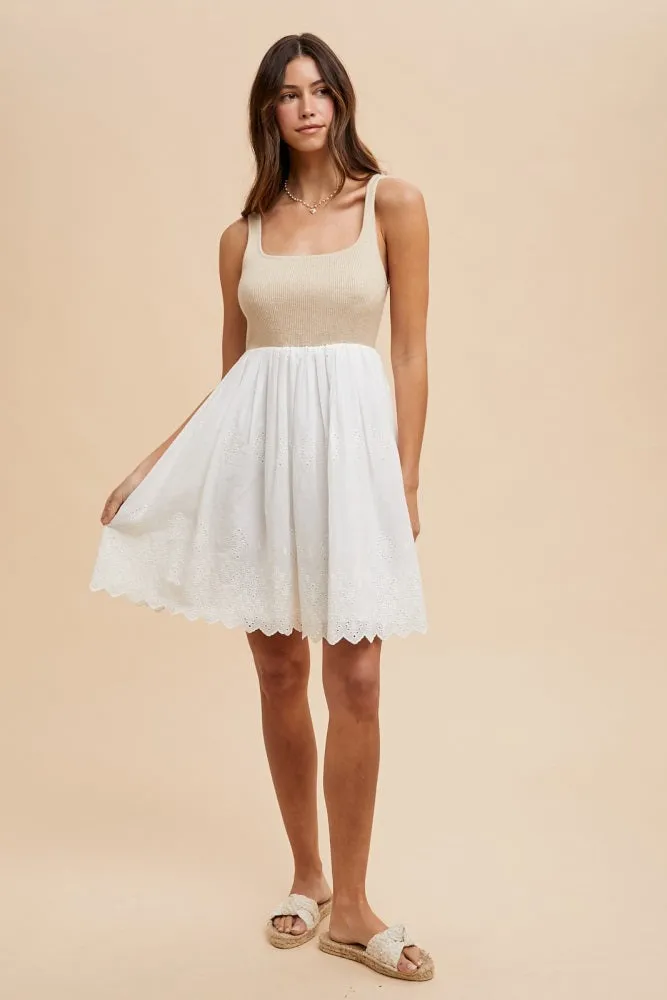 Beige Knit Contrast Eyelet Lace Skirt Mini Dress sold by Pinkblush product image thumbnail 2