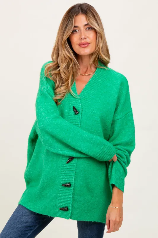 Green Oversized Maternity Toggle Button Cardigan sold by Pinkblush