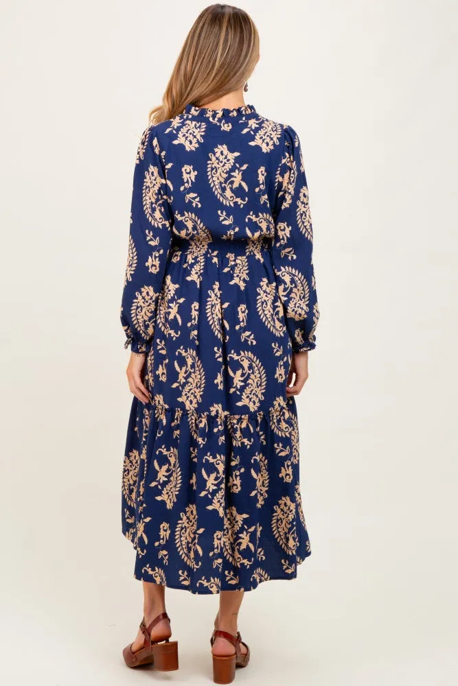 Navy Damask Front Tie Smocked Waist Maternity Midi Dress sold by Pinkblush product image thumbnail 3