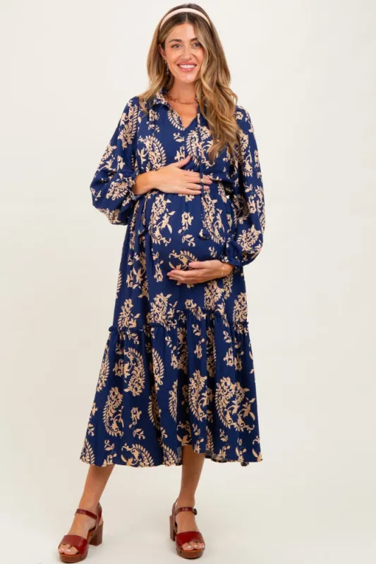 Navy Damask Front Tie Smocked Waist Maternity Midi Dress sold by Pinkblush