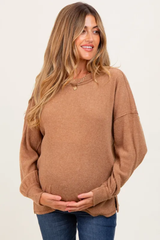 Camel Brushed Ribbed Knit Maternity Pullover sold by Pinkblush