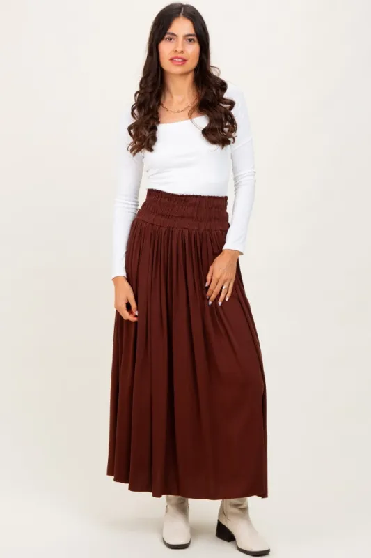 Brown Smocked Waistband Pleated Maxi Skirt sold by Pinkblush