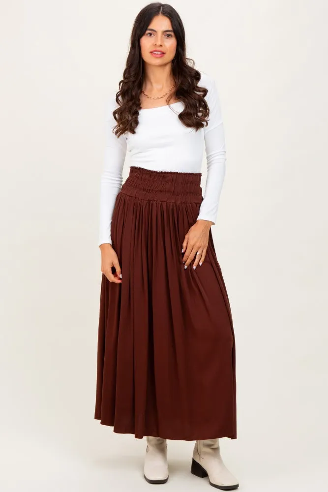 Brown Smocked Waistband Pleated Maxi Skirt sold by Pinkblush