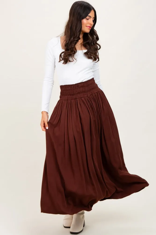 Brown Smocked Waistband Pleated Maxi Skirt sold by Pinkblush product image thumbnail 2