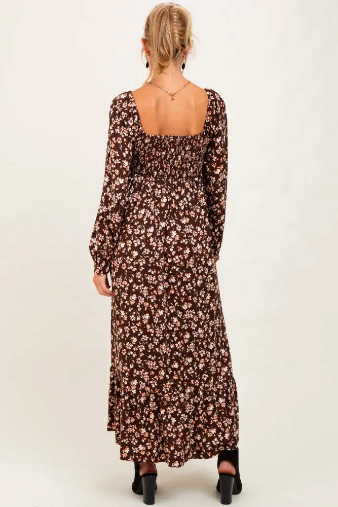 Brown Floral Square Neck Long Sleeve Maternity Maxi Dress sold by Pinkblush product image thumbnail 3