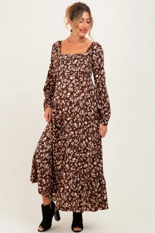 Brown Floral Square Neck Long Sleeve Maternity Maxi Dress sold by Pinkblush