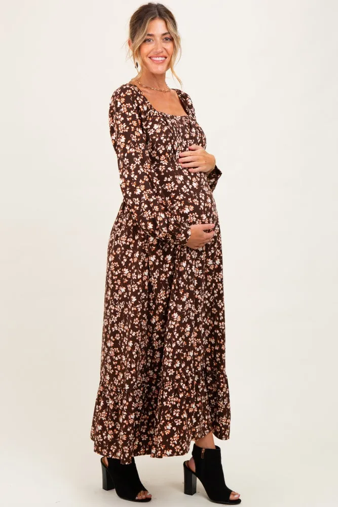 Brown Floral Square Neck Long Sleeve Maternity Maxi Dress sold by Pinkblush product image thumbnail 2