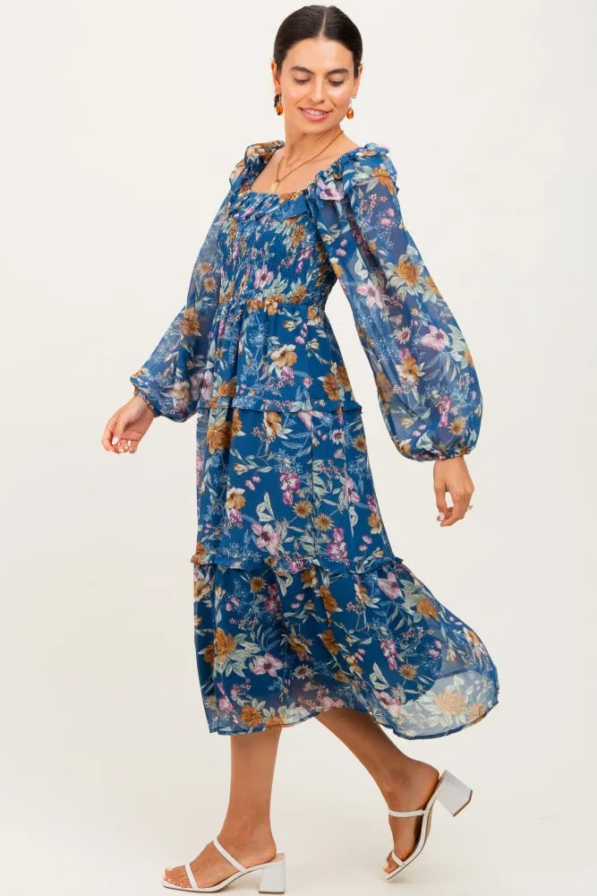 Navy Floral Chiffon Smocked Ruffle Tiered Midi Dress sold by Pinkblush product image thumbnail 2