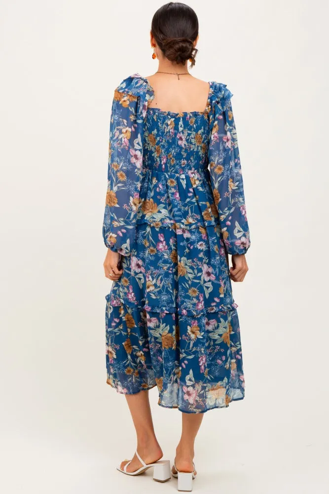 Navy Floral Chiffon Smocked Ruffle Tiered Midi Dress sold by Pinkblush product image thumbnail 3