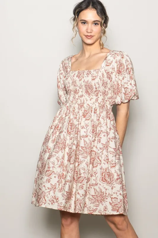 Rust Floral Smocked Puff Sleeve Dress sold by Pinkblush
