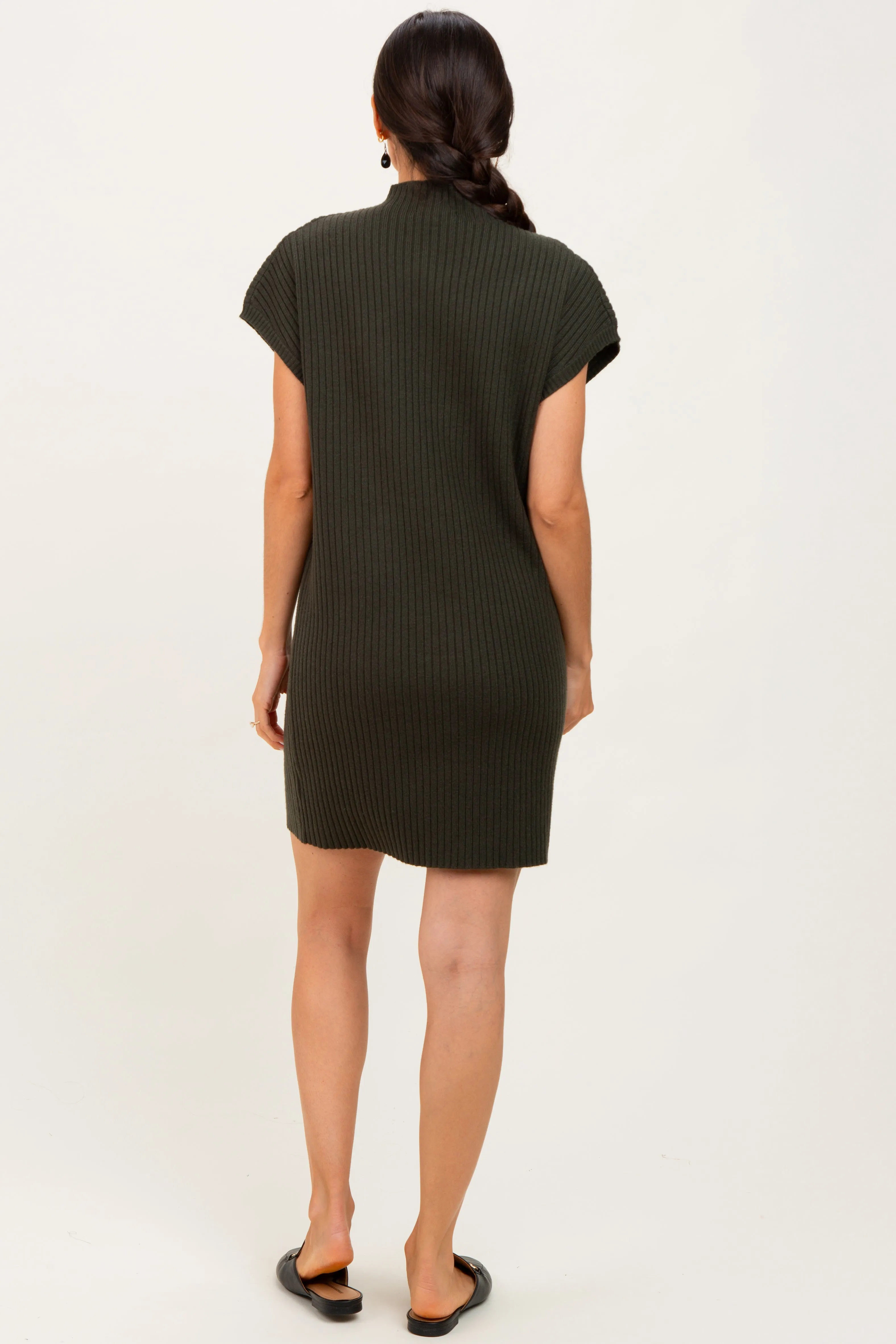 Olive Ribbed Knit Short Sleeve Sweater Dress sold by Pinkblush product image thumbnail 4