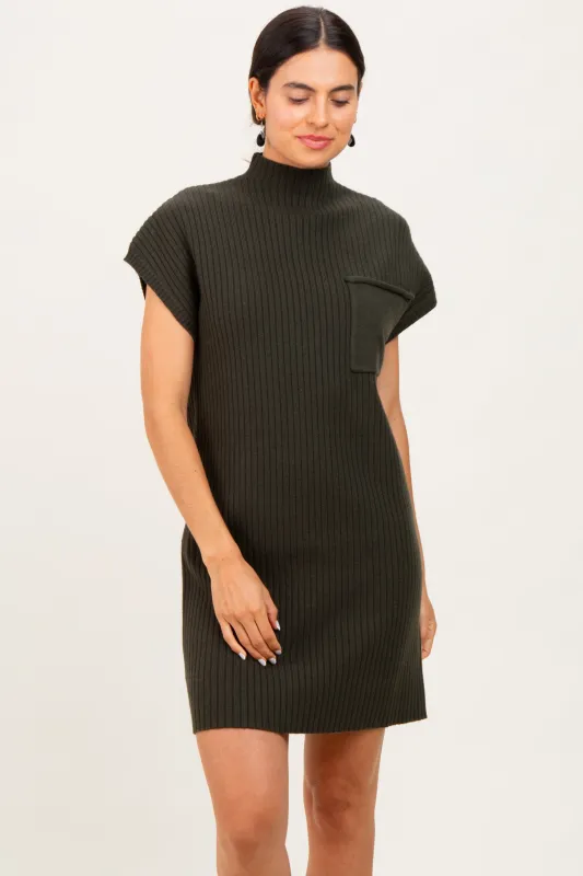 Olive Ribbed Knit Short Sleeve Sweater Dress sold by Pinkblush