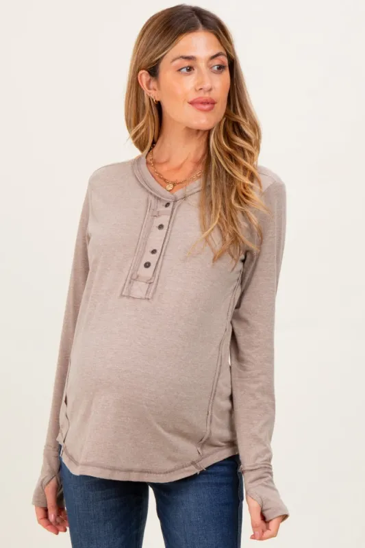 Heather Mocha Long Sleeve Exposed Seam Maternity Top sold by Pinkblush