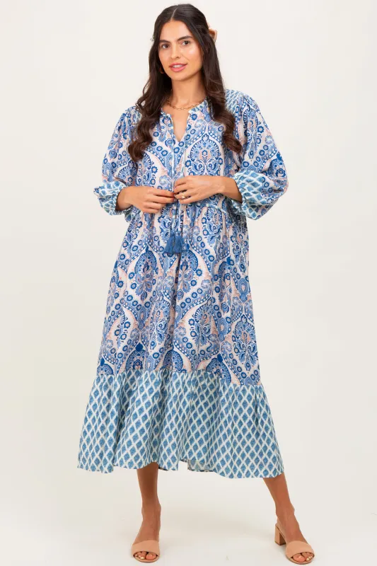 Blue Damask Tassel Front Tie 3/4 Sleeve Midi Dress sold by Pinkblush