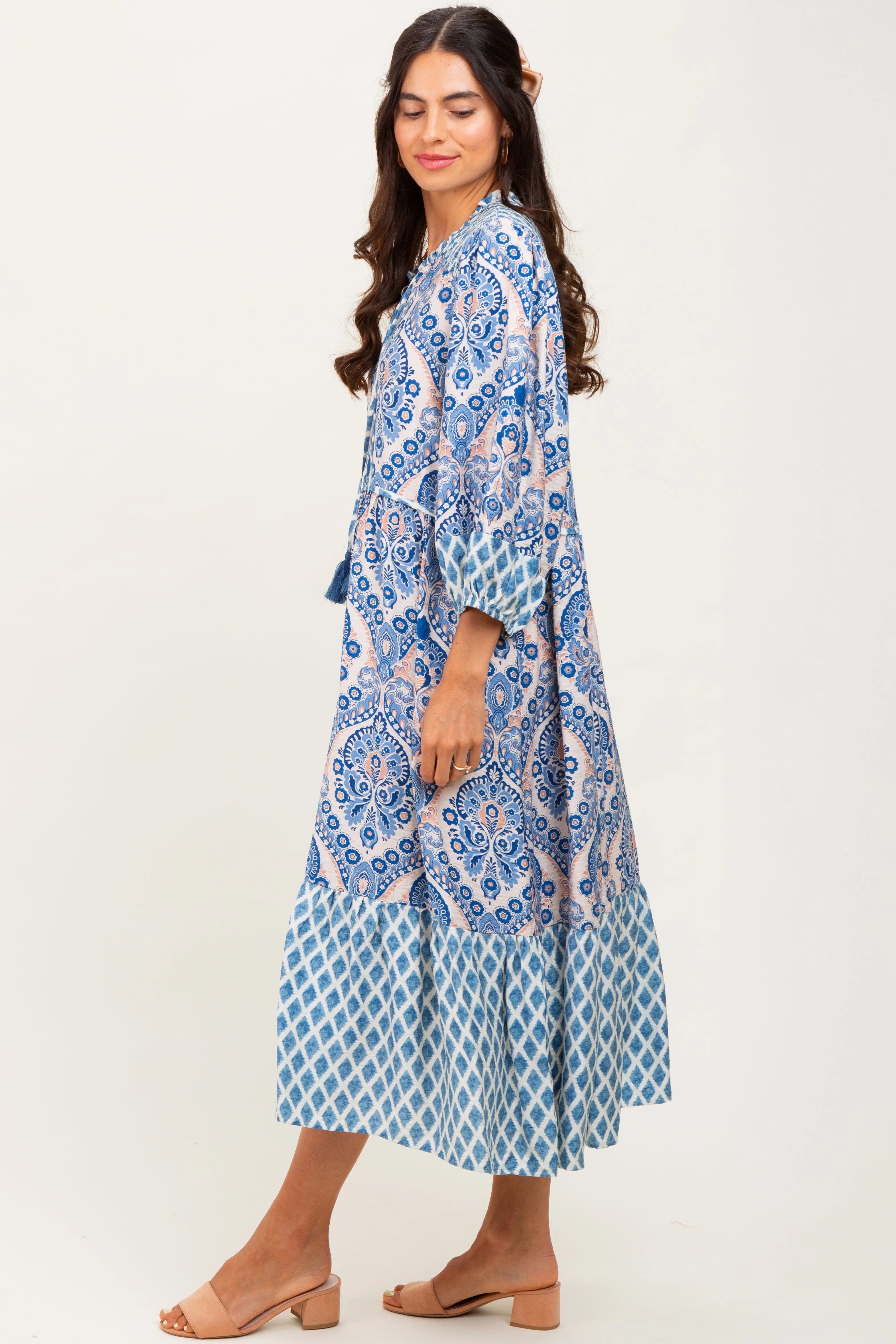 Blue Damask Tassel Front Tie 3/4 Sleeve Midi Dress sold by Pinkblush product image thumbnail 2
