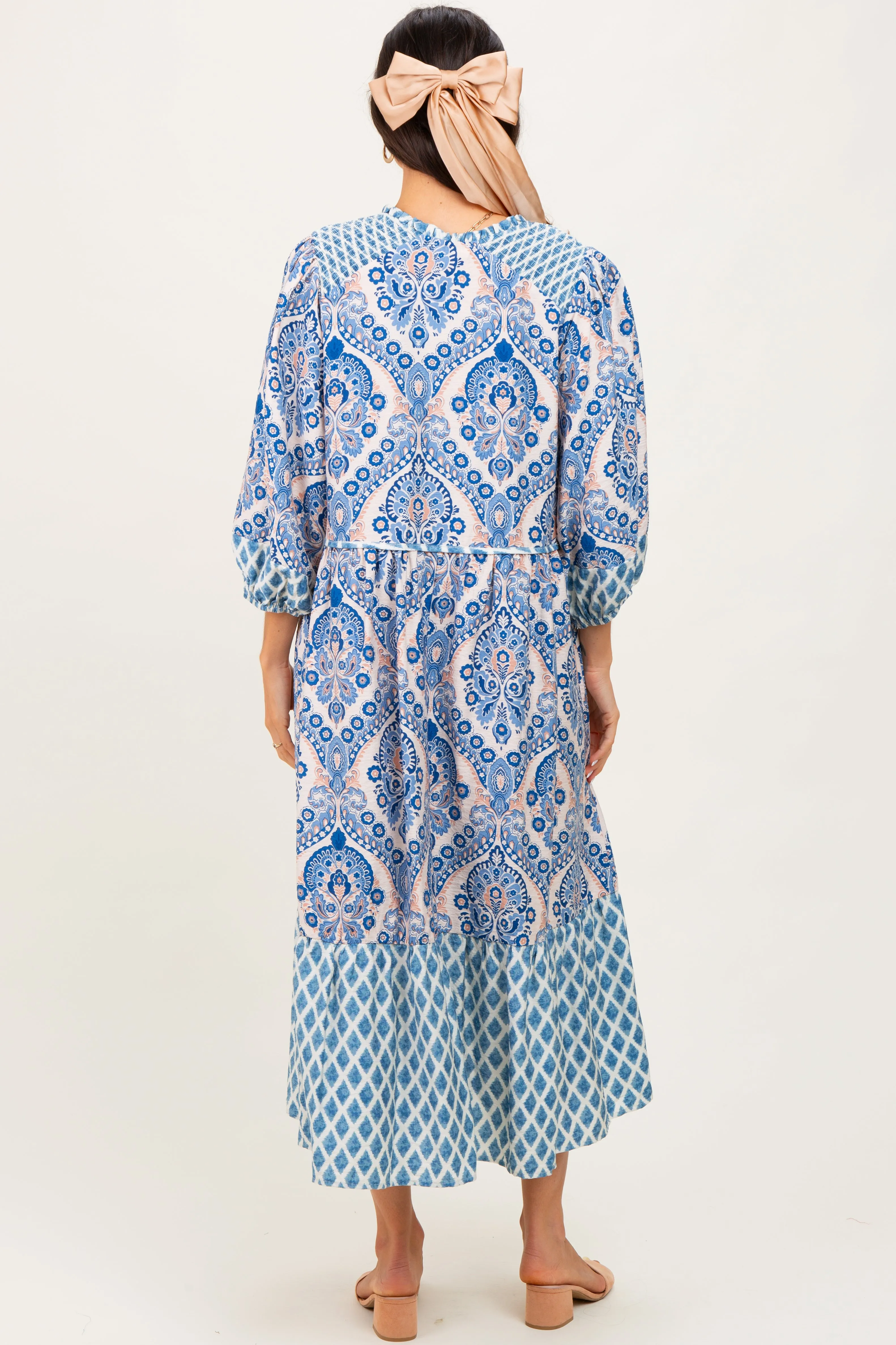 Blue Damask Tassel Front Tie 3/4 Sleeve Midi Dress sold by Pinkblush product image thumbnail 3