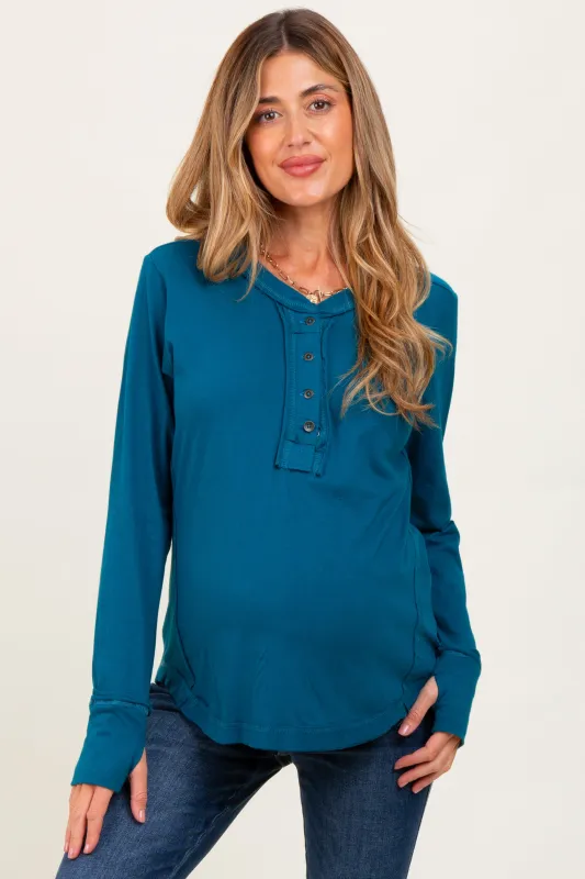 Teal Long Sleeve Exposed Seam Maternity Top sold by Pinkblush