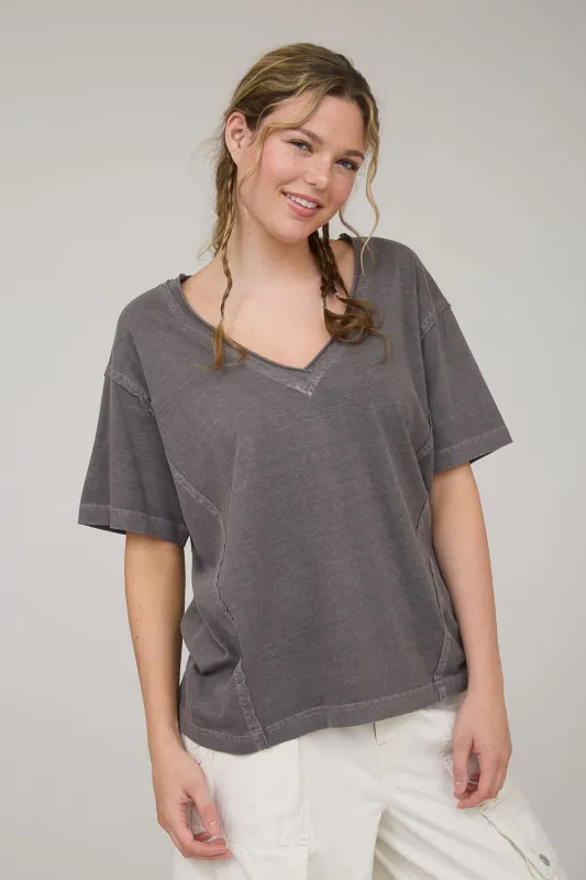 Charcoal Raw Edge V-Neck Short Sleeve T-Shirt sold by Pinkblush