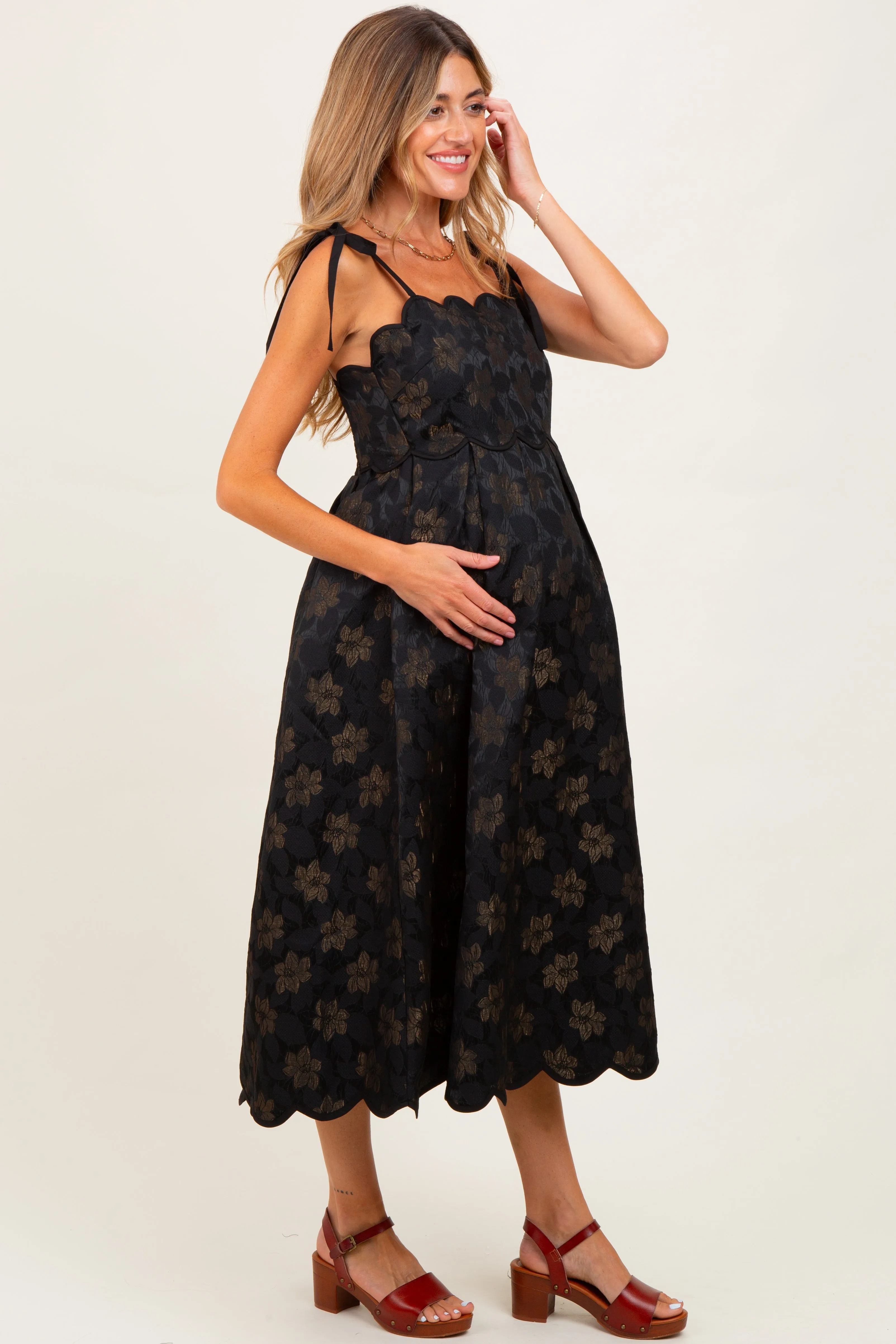 Black Floral Jacquard Shoulder Tie Maternity Midi Dress sold by Pinkblush product image thumbnail 3