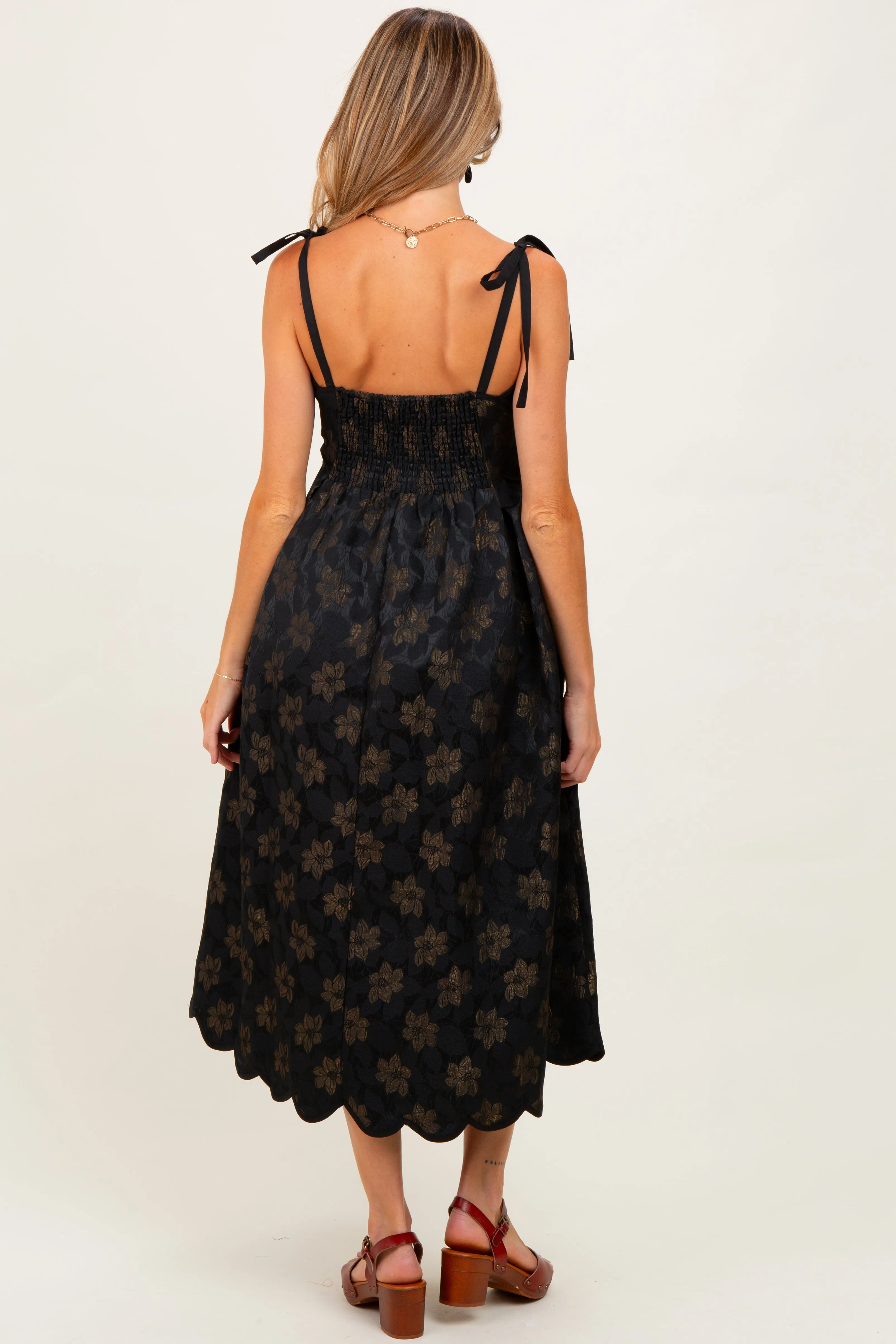 Black Floral Jacquard Shoulder Tie Maternity Midi Dress sold by Pinkblush product image thumbnail 4