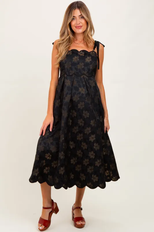 Black Floral Jacquard Shoulder Tie Maternity Midi Dress sold by Pinkblush