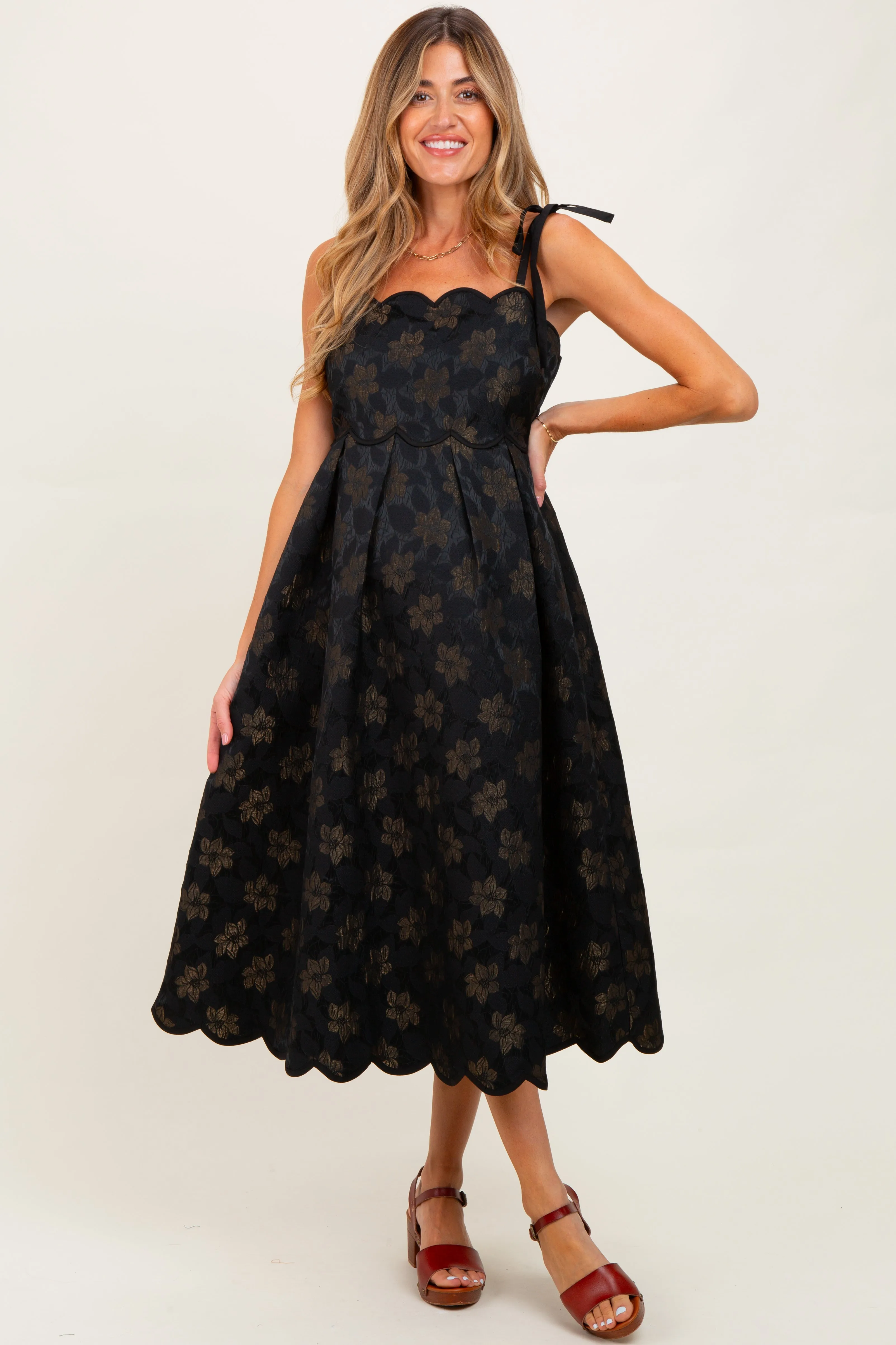 Black Floral Jacquard Shoulder Tie Maternity Midi Dress sold by Pinkblush product image thumbnail 2
