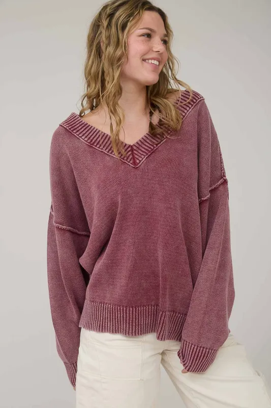 Burgundy Vintage Wash Oversized V-Neck Sweater sold by Pinkblush