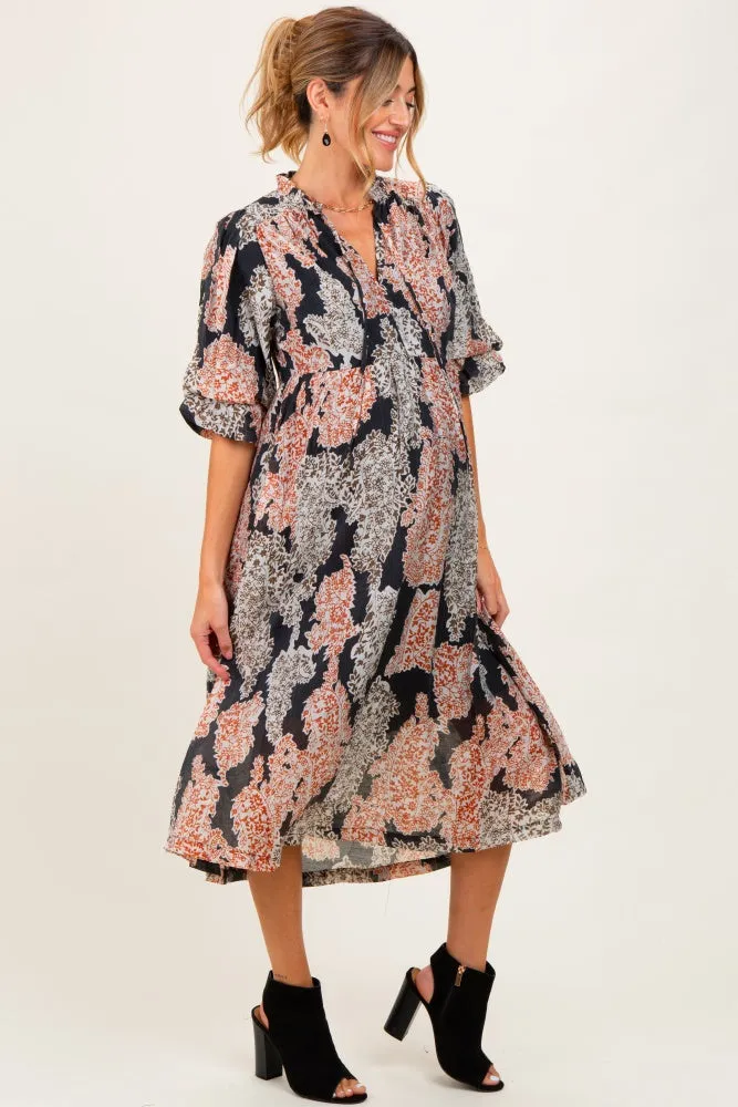 Brown Floral Chiffon Front Tie Maternity Midi Dress sold by Pinkblush product image thumbnail 3