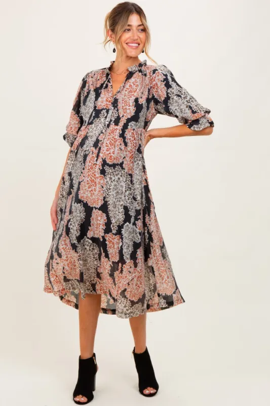 Brown Floral Chiffon Front Tie Maternity Midi Dress sold by Pinkblush