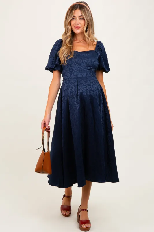 Navy Floral Jacquard Puff Sleeve Maternity Midi Dress sold by Pinkblush