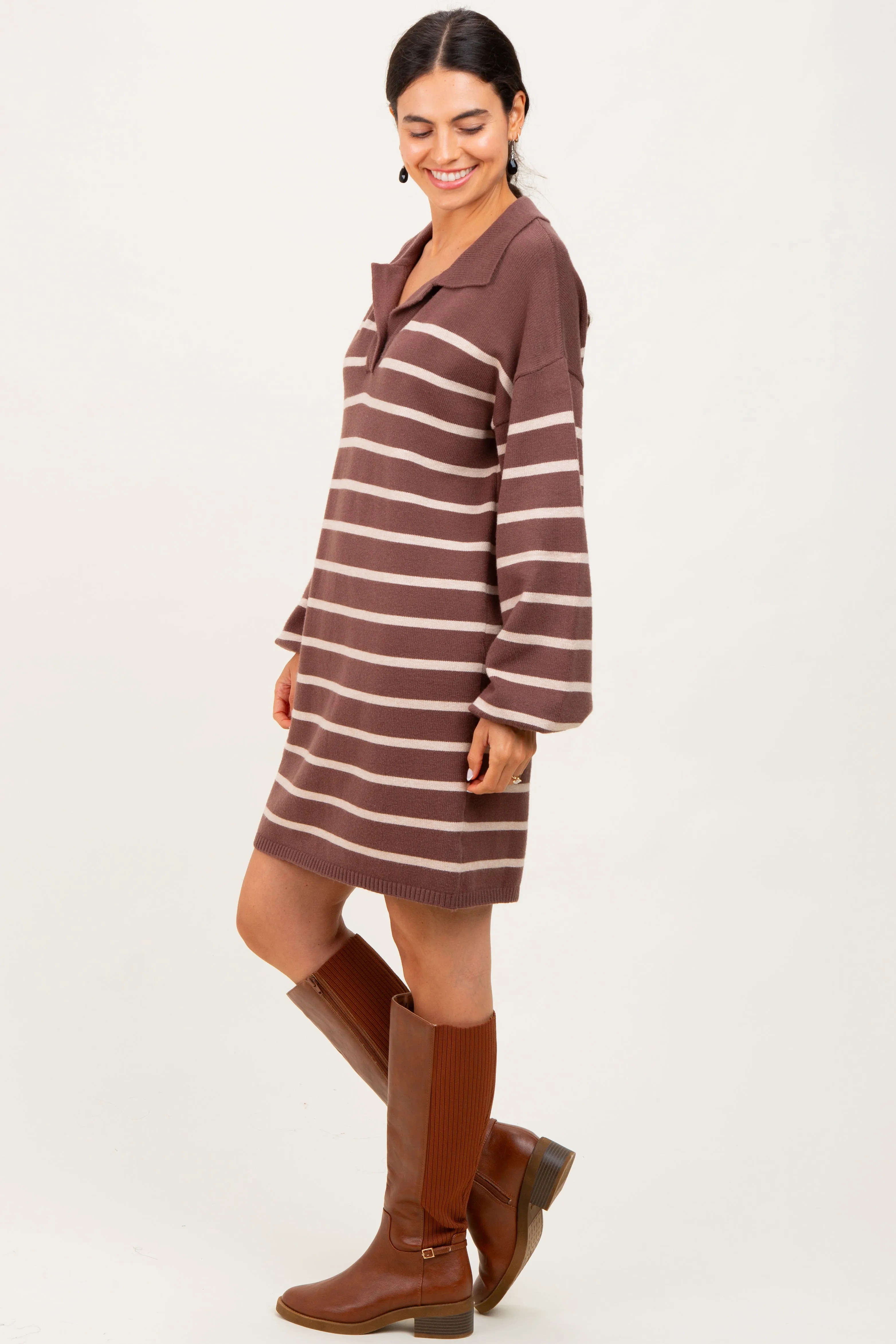Mocha Striped Knit Polo Sweater Dress sold by Pinkblush product image thumbnail 2