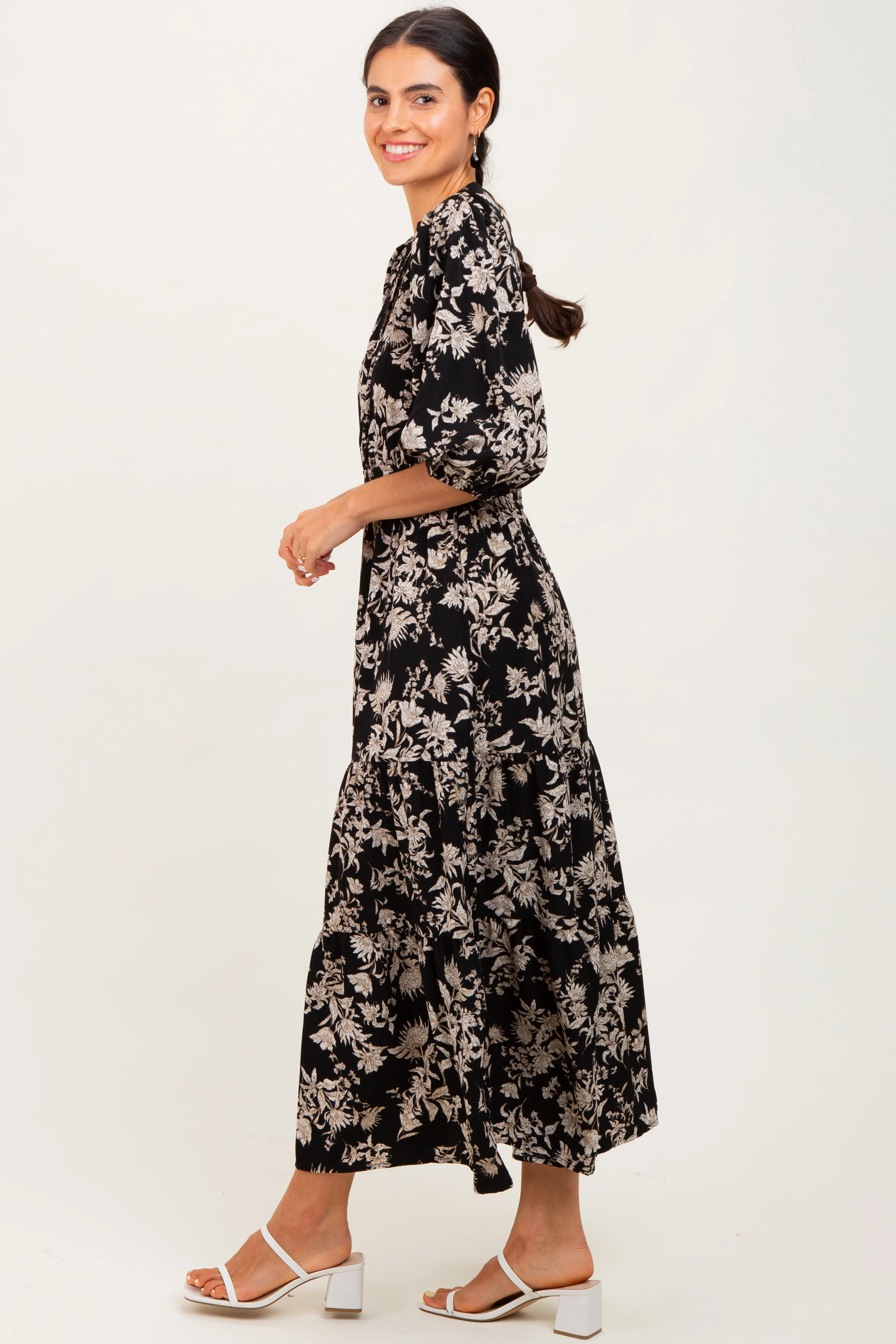 Black Floral 3/4 Sleeve Smocked Waist Midi Dress sold by Pinkblush product image thumbnail 3