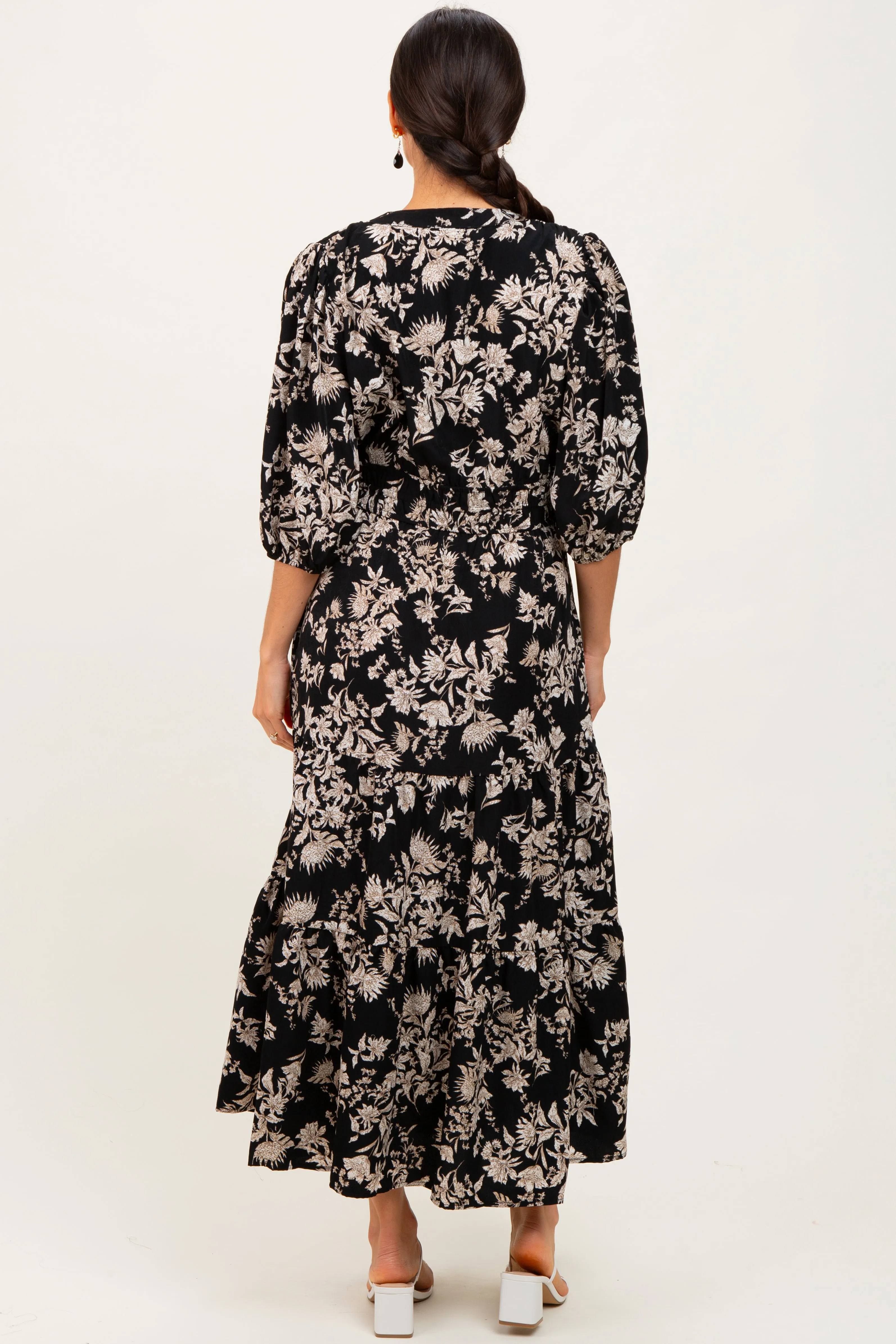 Black Floral 3/4 Sleeve Smocked Waist Midi Dress sold by Pinkblush product image thumbnail 4