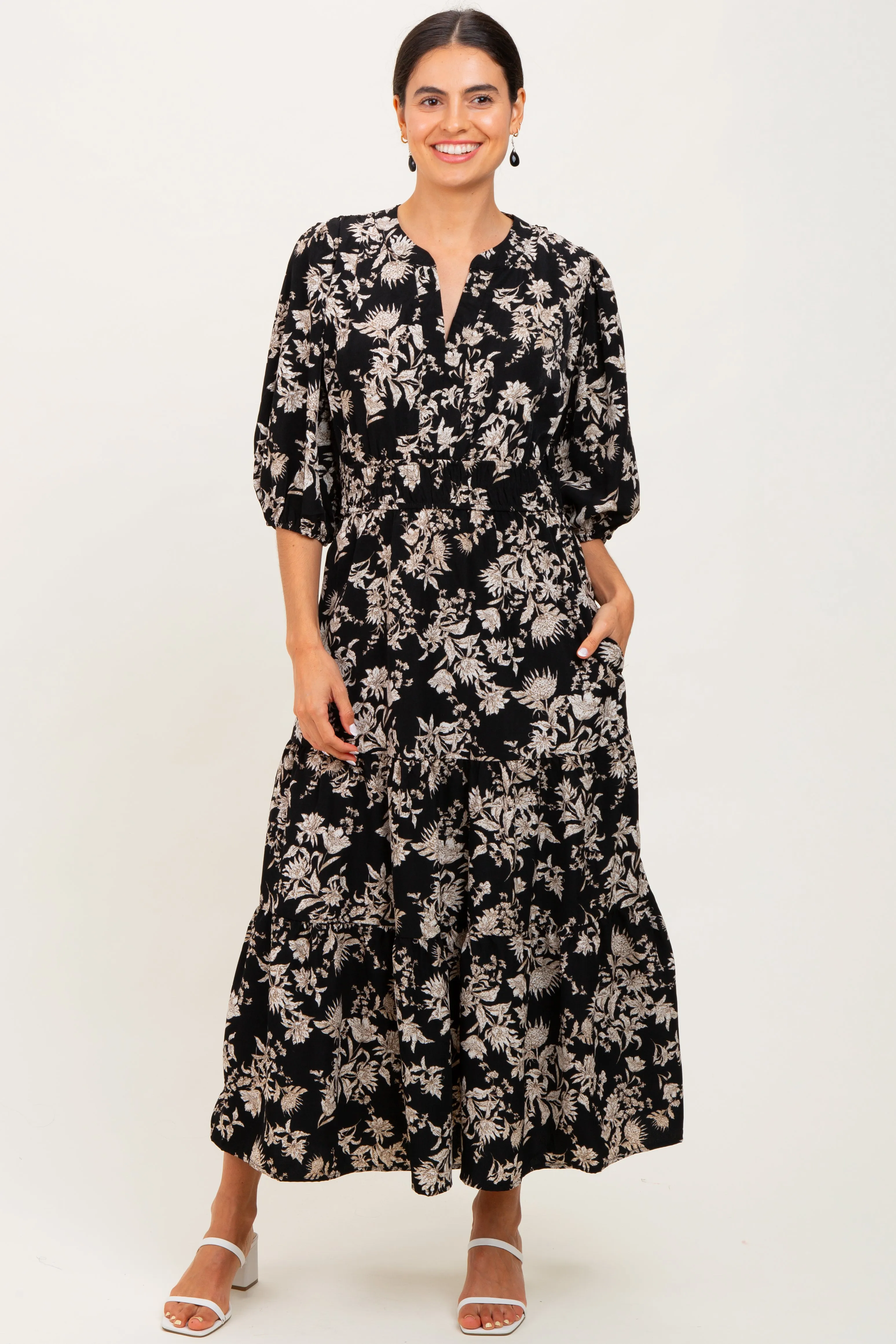 Black Floral 3/4 Sleeve Smocked Waist Midi Dress sold by Pinkblush