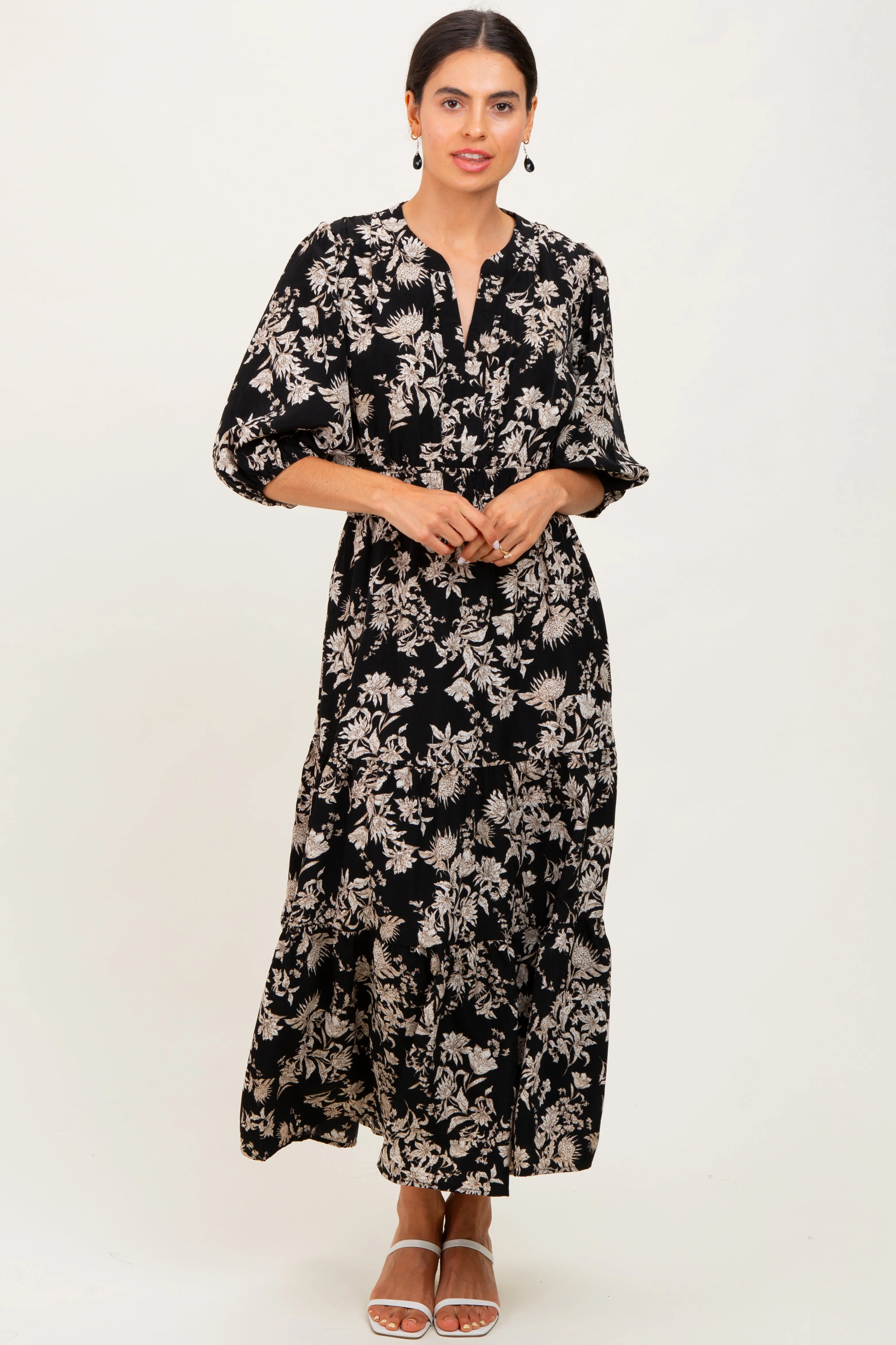 Black Floral 3/4 Sleeve Smocked Waist Midi Dress sold by Pinkblush product image thumbnail 2