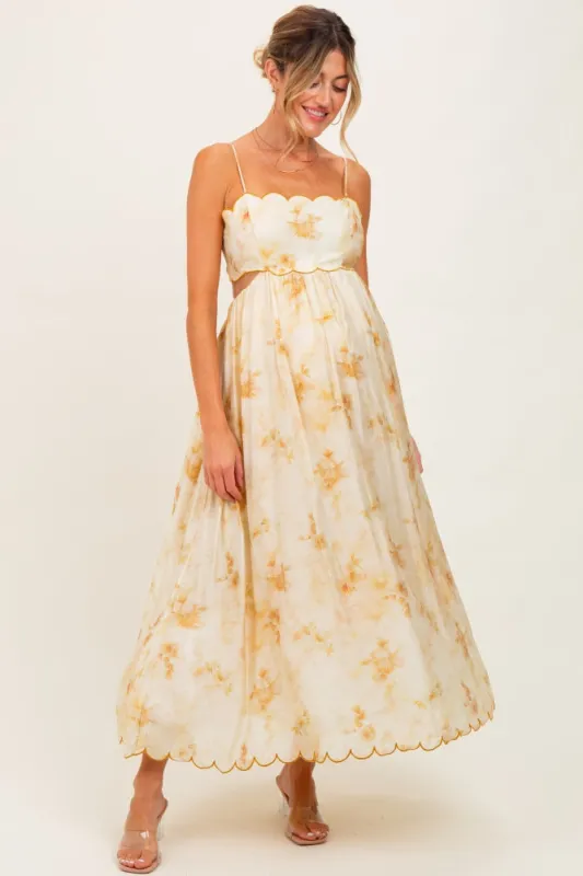 Yellow Faded Floral Scallop Edge Cutout Maternity Midi Dress sold by Pinkblush