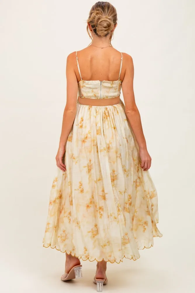Yellow Faded Floral Scallop Edge Cutout Maternity Midi Dress sold by Pinkblush product image thumbnail 3