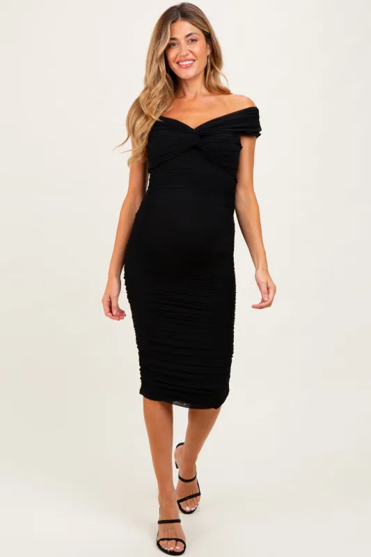Black Mesh Off Shoulder Twist Front Maternity Midi Dress sold by Pinkblush